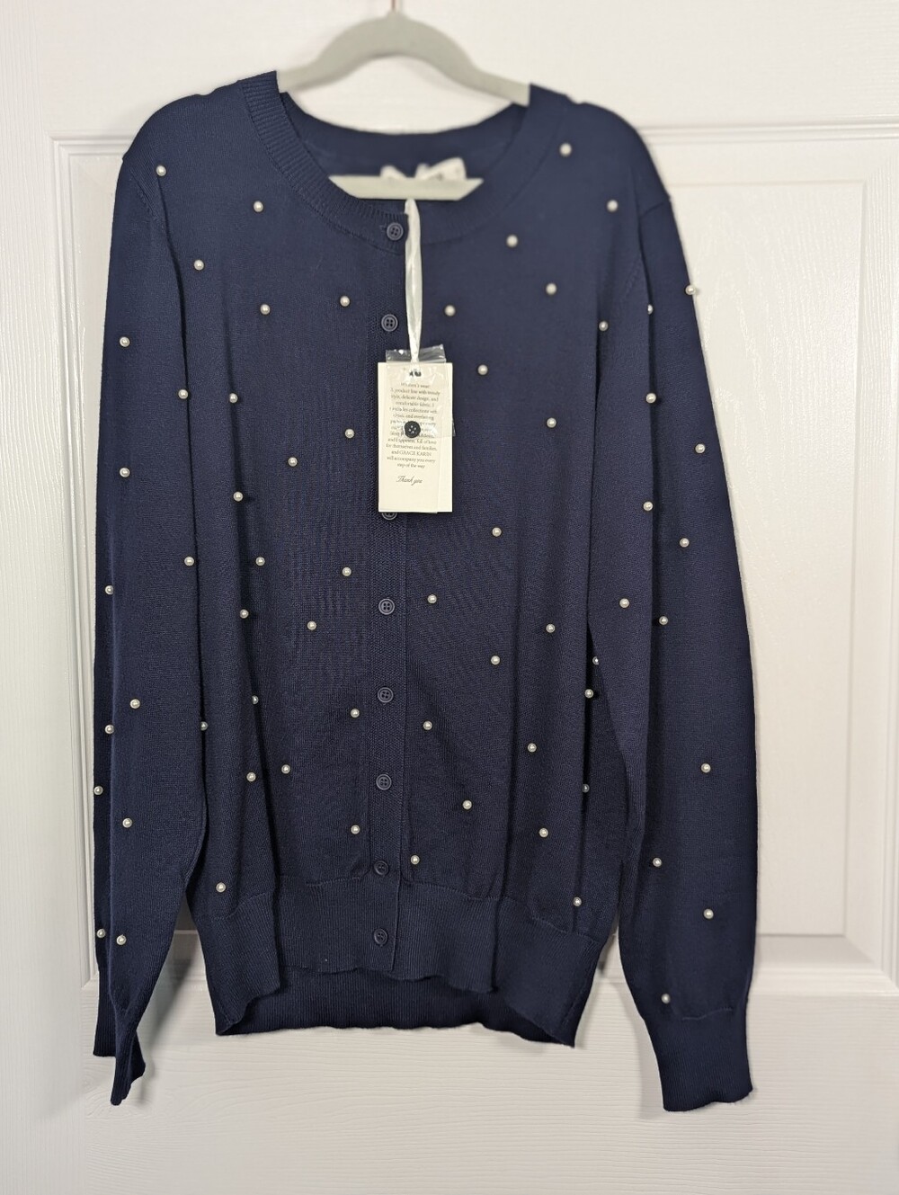 Grace Karin Women’s M Navy Blue Pearl Embellished Button Front Cardigan Sweater
